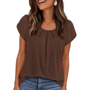 imagePRETTYGARDEN Womens Tops Dressy Casual Summer 2026 Short Sleeve Blouses Crew Neck Pleated Basic T Shirts Spring ClothesBrown