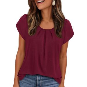 imagePRETTYGARDEN Womens Tops Dressy Casual Summer 2026 Short Sleeve Blouses Crew Neck Pleated Basic T Shirts Spring ClothesBurgundy