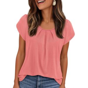 imagePRETTYGARDEN Womens Tops Dressy Casual Summer 2026 Short Sleeve Blouses Crew Neck Pleated Basic T Shirts Spring ClothesCoral Pink