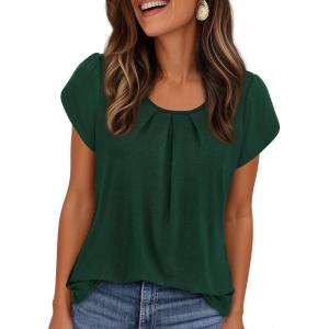imagePRETTYGARDEN Womens Tops Dressy Casual Summer 2026 Short Sleeve Blouses Crew Neck Pleated Basic T Shirts Spring ClothesDark Green