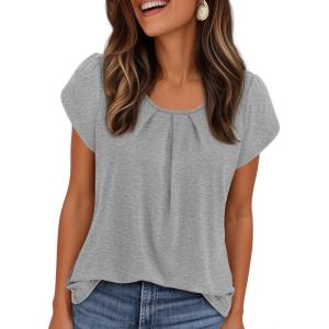 imagePRETTYGARDEN Womens Tops Dressy Casual Summer 2026 Short Sleeve Blouses Crew Neck Pleated Basic T Shirts Spring ClothesGrey