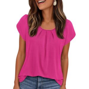 imagePRETTYGARDEN Womens Tops Dressy Casual Summer 2026 Short Sleeve Blouses Crew Neck Pleated Basic T Shirts Spring ClothesHot Pink