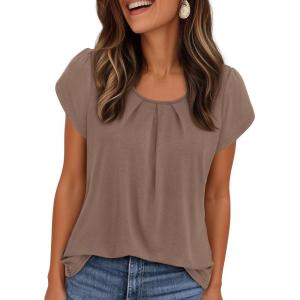 imagePRETTYGARDEN Womens Tops Dressy Casual Summer 2026 Short Sleeve Blouses Crew Neck Pleated Basic T Shirts Spring ClothesKhaki