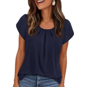 imagePRETTYGARDEN Womens Tops Dressy Casual Summer 2026 Short Sleeve Blouses Crew Neck Pleated Basic T Shirts Spring ClothesNavy Blue