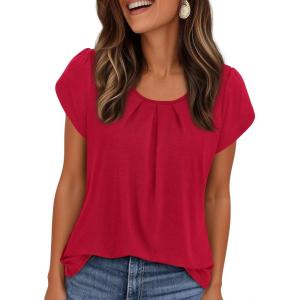 imagePRETTYGARDEN Womens Tops Dressy Casual Summer 2026 Short Sleeve Blouses Crew Neck Pleated Basic T Shirts Spring ClothesRed