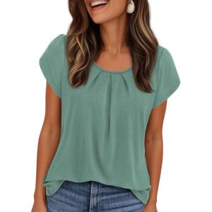 imagePRETTYGARDEN Womens Tops Dressy Casual Summer 2026 Short Sleeve Blouses Crew Neck Pleated Basic T Shirts Spring ClothesSage Green