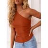 imagePRETTYGARDEN Womens 2026 Summer Y2K Tops Sleeveless One Shoulder Slim Fit Shirts Ruched Knit Asymmetrical Top BlouseRust Red
