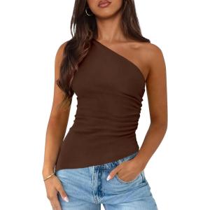 imagePRETTYGARDEN Womens 2026 Summer Y2K Tops Sleeveless One Shoulder Slim Fit Shirts Ruched Knit Asymmetrical Top BlouseBrown