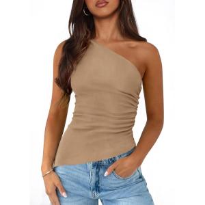 imagePRETTYGARDEN Womens 2026 Summer Y2K Tops Sleeveless One Shoulder Slim Fit Shirts Ruched Knit Asymmetrical Top BlouseKhaki