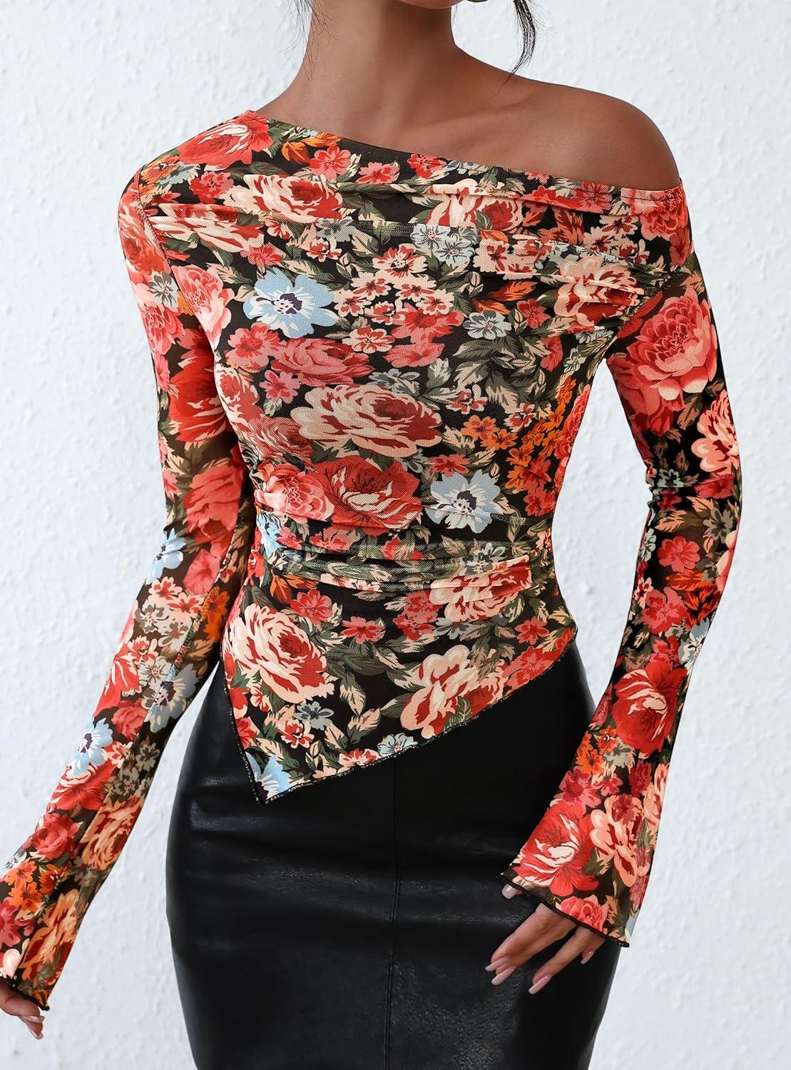 imagePRETTYGARDEN Womens Fall Trendy Off Shoulder Y2k Tops 2026 Tie Dye Mesh Long Sleeve Shirts Asymmetrical Ruched Floral BlouseFloral Black Multicolored