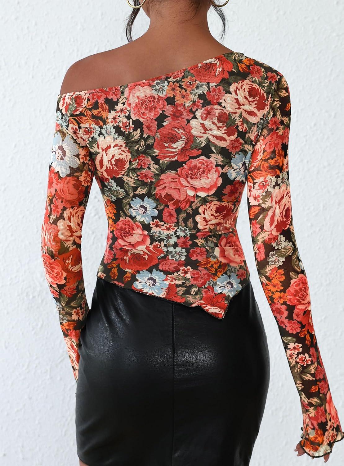 imagePRETTYGARDEN Womens Fall Trendy Off Shoulder Y2k Tops 2026 Tie Dye Mesh Long Sleeve Shirts Asymmetrical Ruched Floral BlouseFloral Black Multicolored
