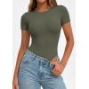imagePRETTYGARDEN Body Suits for Womens Summer Tops 2026 Casual Short Sleeve Ribbed Fitted Basic Tee Shirts Spring Fashion ClothesArmy Green