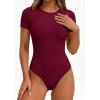 imagePRETTYGARDEN Body Suits for Womens Summer Tops 2026 Casual Short Sleeve Ribbed Fitted Basic Tee Shirts Spring Fashion ClothesBurgundy