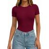 imagePRETTYGARDEN Body Suits for Womens Summer Tops 2026 Casual Short Sleeve Ribbed Fitted Basic Tee Shirts Spring Fashion ClothesBurgundy