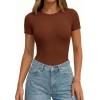 imagePRETTYGARDEN Body Suits for Womens Summer Tops 2026 Casual Short Sleeve Ribbed Fitted Basic Tee Shirts Spring Fashion ClothesCamel