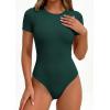 imagePRETTYGARDEN Body Suits for Womens Summer Tops 2026 Casual Short Sleeve Ribbed Fitted Basic Tee Shirts Spring Fashion ClothesDark Green