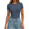 imagePRETTYGARDEN Body Suits for Womens Summer Tops 2026 Casual Short Sleeve Ribbed Fitted Basic Tee Shirts Spring Fashion ClothesDusty Blue