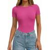 imagePRETTYGARDEN Body Suits for Womens Summer Tops 2026 Casual Short Sleeve Ribbed Fitted Basic Tee Shirts Spring Fashion ClothesHot Pink