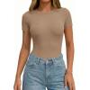 imagePRETTYGARDEN Body Suits for Womens Summer Tops 2026 Casual Short Sleeve Ribbed Fitted Basic Tee Shirts Spring Fashion ClothesKhaki