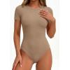 imagePRETTYGARDEN Body Suits for Womens Summer Tops 2026 Casual Short Sleeve Ribbed Fitted Basic Tee Shirts Spring Fashion ClothesKhaki