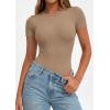 imagePRETTYGARDEN Body Suits for Womens Summer Tops 2026 Casual Short Sleeve Ribbed Fitted Basic Tee Shirts Spring Fashion ClothesKhaki