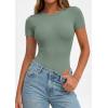 imagePRETTYGARDEN Body Suits for Womens Summer Tops 2026 Casual Short Sleeve Ribbed Fitted Basic Tee Shirts Spring Fashion ClothesSage Green