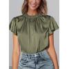 imagePRETTYGARDEN Business Casual Tops for Women Blouses Dressy 2026 Summer Short Sleeve Ruffle Satin Work Office AttireArmy Green