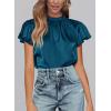 imagePRETTYGARDEN Business Casual Tops for Women Blouses Dressy 2026 Summer Short Sleeve Ruffle Satin Work Office AttireDark Sea Blue