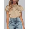 imagePRETTYGARDEN Business Casual Tops for Women Blouses Dressy 2026 Summer Short Sleeve Ruffle Satin Work Office AttireKhaki