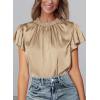 imagePRETTYGARDEN Business Casual Tops for Women Blouses Dressy 2026 Summer Short Sleeve Ruffle Satin Work Office AttireKhaki
