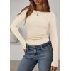 imagePRETTYGARDEN Long Sleeve Shirts for Women 2026 Fall Boat Neck Ribbed Knit Ruched Spring Going Out Tops Casual Basic TeesBeige
