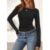 imagePRETTYGARDEN Long Sleeve Shirts for Women 2026 Fall Boat Neck Ribbed Knit Ruched Spring Going Out Tops Casual Basic TeesBlack