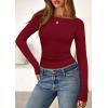 imagePRETTYGARDEN Long Sleeve Shirts for Women 2026 Fall Boat Neck Ribbed Knit Ruched Spring Going Out Tops Casual Basic TeesBurgundy
