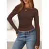 imagePRETTYGARDEN Long Sleeve Shirts for Women 2026 Fall Boat Neck Ribbed Knit Ruched Spring Going Out Tops Casual Basic TeesDark Brown