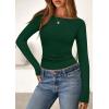 imagePRETTYGARDEN Long Sleeve Shirts for Women 2026 Fall Boat Neck Ribbed Knit Ruched Spring Going Out Tops Casual Basic TeesDark Green