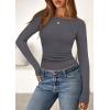 imagePRETTYGARDEN Long Sleeve Shirts for Women 2026 Fall Boat Neck Ribbed Knit Ruched Spring Going Out Tops Casual Basic TeesDark Grey
