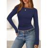 imagePRETTYGARDEN Long Sleeve Shirts for Women 2026 Fall Boat Neck Ribbed Knit Ruched Spring Going Out Tops Casual Basic TeesNavy Blue