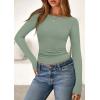 imagePRETTYGARDEN Long Sleeve Shirts for Women 2026 Fall Boat Neck Ribbed Knit Ruched Spring Going Out Tops Casual Basic TeesSage Green