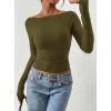 imagePRETTYGARDEN Long Sleeve Shirts for Women 2026 Fall Ruched Sides Boat Neck Basic Tee Casual Fitted Ribbed Knit Crop TopsArmy Green