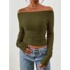 imagePRETTYGARDEN Long Sleeve Shirts for Women 2026 Fall Ruched Sides Boat Neck Basic Tee Casual Fitted Ribbed Knit Crop TopsArmy Green