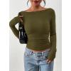 imagePRETTYGARDEN Long Sleeve Shirts for Women 2026 Fall Ruched Sides Boat Neck Basic Tee Casual Fitted Ribbed Knit Crop TopsArmy Green