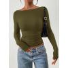 imagePRETTYGARDEN Long Sleeve Shirts for Women 2026 Fall Ruched Sides Boat Neck Basic Tee Casual Fitted Ribbed Knit Crop TopsArmy Green