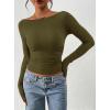 imagePRETTYGARDEN Long Sleeve Shirts for Women 2026 Fall Ruched Sides Boat Neck Basic Tee Casual Fitted Ribbed Knit Crop TopsArmy Green