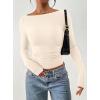 imagePRETTYGARDEN Long Sleeve Shirts for Women 2026 Fall Ruched Sides Boat Neck Basic Tee Casual Fitted Ribbed Knit Crop TopsBeige