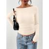imagePRETTYGARDEN Long Sleeve Shirts for Women 2026 Fall Ruched Sides Boat Neck Basic Tee Casual Fitted Ribbed Knit Crop TopsBeige