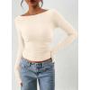 imagePRETTYGARDEN Long Sleeve Shirts for Women 2026 Fall Ruched Sides Boat Neck Basic Tee Casual Fitted Ribbed Knit Crop TopsBeige