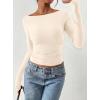 imagePRETTYGARDEN Long Sleeve Shirts for Women 2026 Fall Ruched Sides Boat Neck Basic Tee Casual Fitted Ribbed Knit Crop TopsBeige