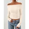 imagePRETTYGARDEN Long Sleeve Shirts for Women 2026 Fall Ruched Sides Boat Neck Basic Tee Casual Fitted Ribbed Knit Crop TopsBeige