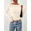 imagePRETTYGARDEN Long Sleeve Shirts for Women 2026 Fall Ruched Sides Boat Neck Basic Tee Casual Fitted Ribbed Knit Crop TopsBeige