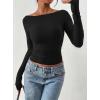 imagePRETTYGARDEN Long Sleeve Shirts for Women 2026 Fall Ruched Sides Boat Neck Basic Tee Casual Fitted Ribbed Knit Crop TopsBlack